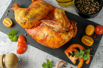 Baked grilled marinated in tomato sauce with herbs half of chicken on black stone board and vegetables.