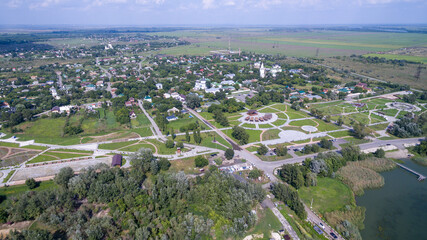 Aerial view of Starocherkassk, the new park and the Don River. Rostov region. Russia