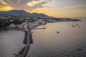 Beautiful aerial view at sunset of Ischia from the Aragonese Castle (Castello Aragonese), Italy