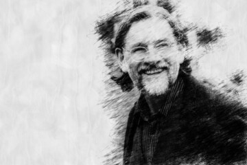 smiling man in his 50s in pencil drawing style