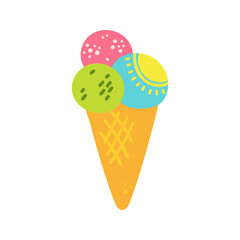 Bright colourful summer illustration of ice cream with a waffle tube on a white background. Ice Cream Cone Flat Design Dessert Icon in cartoon style. Hand drawn vector illustration