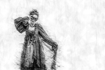 woman in historic dress and masquerade in pencil drawing style