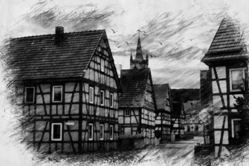 view of small viillage in pencil drawing style