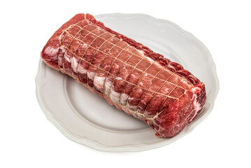 boneless pork meat wrapped in netting on white