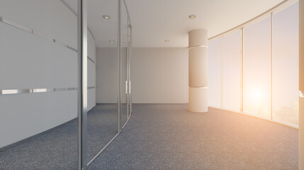 Modern office building interior. 3D rendering.. Sunset.