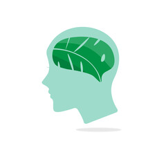 Human head with brain in shape of a green leaf, think green, save the earth - vector illustration