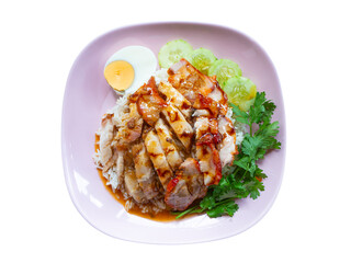 Red Pork and Crispy Pork with Rice. Rice with Red Roast Pork Served Boiled Egg.
