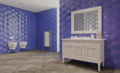 Spacious bathroom in gray tones with heated floors, freestanding tub. 3D rendering.