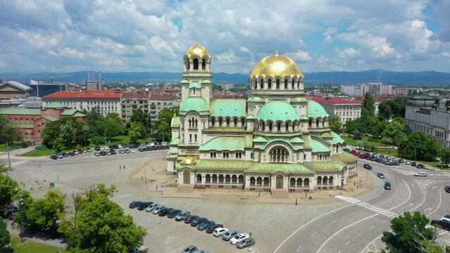 4K Aerial view of capital of Bulgaria, Sofia. Iconic building of the world-famous Sofia. View to cathedral St. Alexander Nevsky, the largest church in the Balkans. Roofs of buildings, streets and park