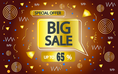 65% off. big sale banner template with objects and gold balloon. poster for stores and sales