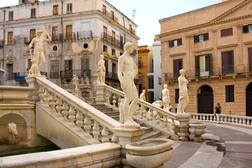 Fototapeta na wymiar Fragment of Pretoria Fountain at Piazza Pretoria in Palermo, Sicily, Italy