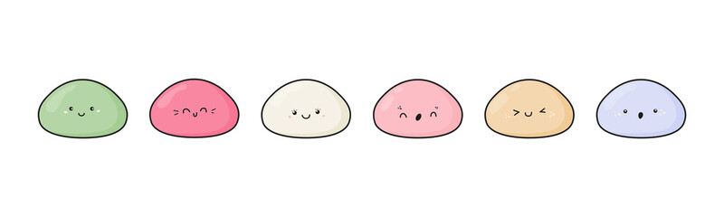 Cute mochi icon vector set. Cartoon characters with various kawaii faces. Japanese sweet rice dessert in pastel colors. Mochi logo illustration isolated on white background