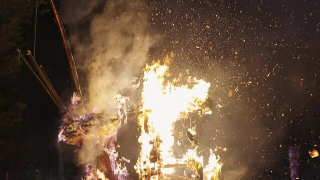 Burning Sagicho Matsuri Float in the night at Omihachiman city, Japan