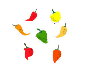 Set of Peppers. Hand drawn icons. Isolated on white.  Vector Illustration.