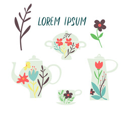 Teatime concept illustration. Hand drawn vector. Floral decor. Cute illustrations in bright colors for stickers, labels, tags, scrapbooking.
