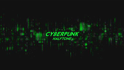 Abstract vector green cyberpunk halftone sound wave. Scrathed dotted texture element.