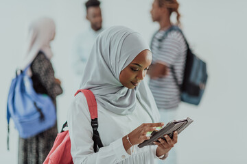 African female student with group of friends in background wearing traditional Islamic hijab clothes. Selectve focus 