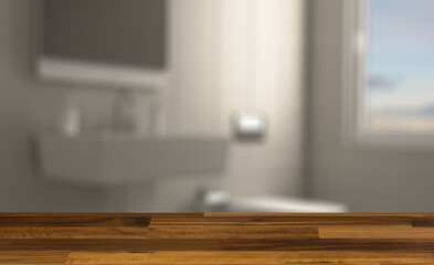 Background with empty table. Flooring. Clean and fresh bathroom with natural light. 3D rendering.