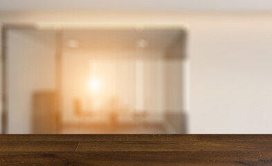 Fototapeta premium Elegant office interior. Mixed media. 3D rendering.. Sunset.. Background with empty table. Flooring.