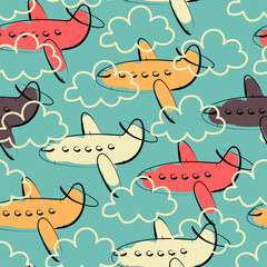 Sketched cute airplanes seamless pattern. Hand drawn vector illustration.