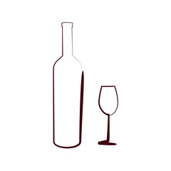 Sketched bottle of wine and glass isolated on white background. Design template for label, banner, postcard or logo.