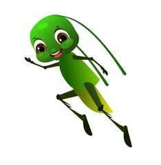 Green grasshopper in flight. Wildlife object. Little funny insect. Cute cartoon style. Isolated on white background. Vector