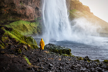 Person in a yellow raincoat watching Seljalandsfoss waterfall