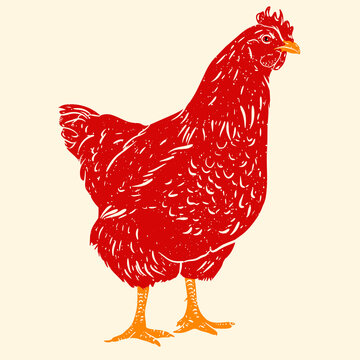 Red chicken. Colorful cute screen printing effect. Riso print effect. Vector illustration. Graphic element  for fabric, textile, clothing, wrapping paper, wallpaper, poster.