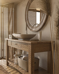 Boho scandinavian style in home interior background. Beige bathroom with natural wooden furniture. 3d rendering. 3d illustration.