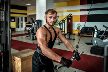 Naklejka na ściany i meble sportsman doing exercise for back, using machine in fitness gym