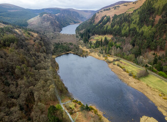 Aerial view of Glendalough national park, showing both the upper and lower lakes of the glacial valley.  