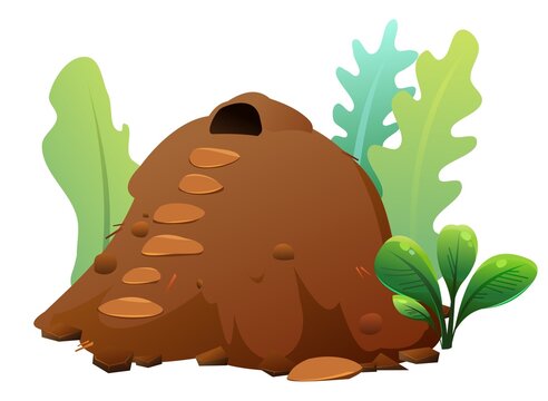 An anthill among the meadow grass. House for ants. Wildlife object. Little funny insect. Cute cartoon style. Isolated on white background. Vector