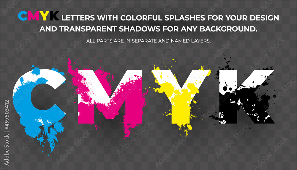 Poster cmyk letters with colorful splashes for your design