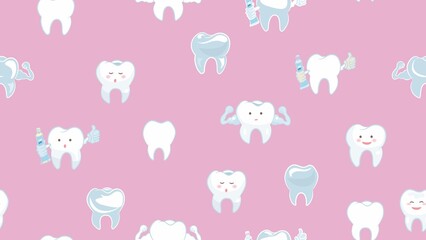 teeth on a pink background seamless pattern Teeth for children with faces on a pink background. Happy, healthy, strong teeth set, children's dentistry.Cute dental characters. Dental character vector i
