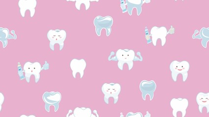 Obraz premium teeth on a pink background seamless pattern Teeth for children with faces on a pink background. Happy, healthy, strong teeth set, children's dentistry.Cute dental characters. Dental character vector i
