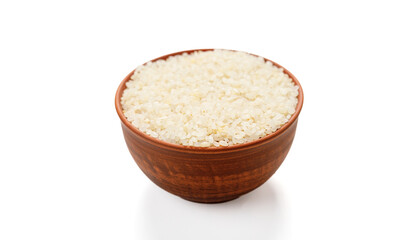 Polished round rice in bowls and bags isolated on a white background. High quality photo