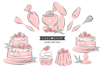 Fotobehang Cake shop. Set tools for cooking, baking items  dessert and pastry dishes: whisk, cutlery, spatulas, mixer. Different cakes. Vector illustration © Tatiana Bass