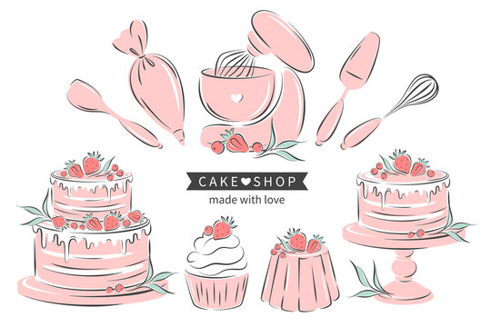 Cake shop. Set tools for cooking, baking items  dessert and pastry dishes: whisk, cutlery, spatulas, mixer. Different cakes. Vector illustration