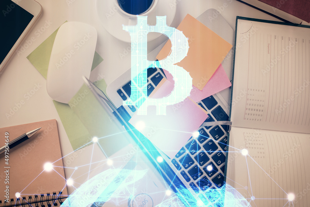 Poster blockchain theme hologram drawings over computer on the desktop background. top view. multi exposure