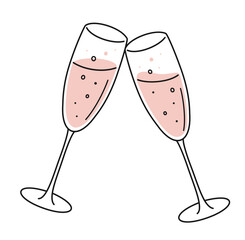 Hand drawn cute cartoon illustration clang glasses of champagne or sparkling wine. Flat vector alcohol drink sticker in simple colored doodle style. Holiday celebration party icon or print. Isolated