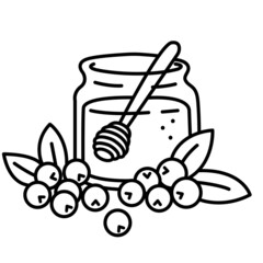 Line art. Jar with honey. Honey with blueberries
