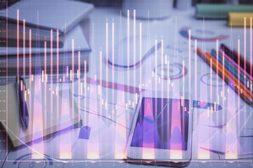 Double exposure of forex graph drawing and cell phone background. Concept of financial data analysis