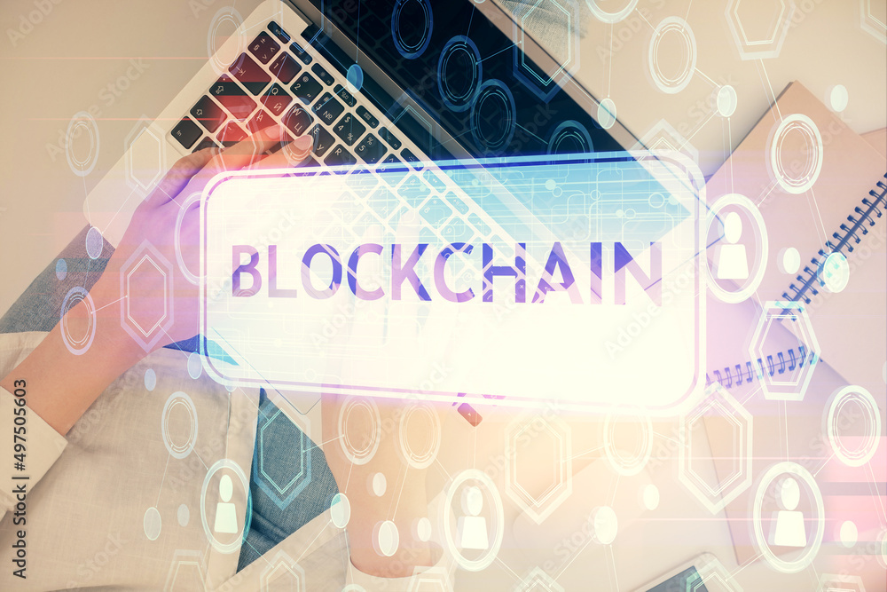 Poster Double exposure of woman hands working on computer and blockchain theme hologram drawing. Top View. bitcoin cryptocurrency concept.