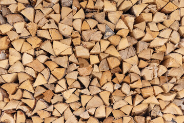 Harvesting of dry firewood for the winter stacked in stacks.