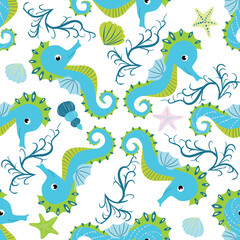 Seahorse and starfish seamless pattern. Sea life summer background. Cute sea life. Design for fabric and decor