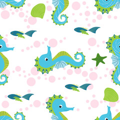 Fototapeta na wymiar Seahorse and starfish seamless pattern. Sea life summer background. Cute sea life. Design for fabric and decor