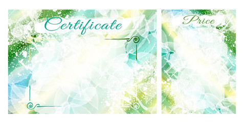 Set for business design, certificate and price list template. Watercolor abstract frames, blue and green gradient with leaf fall. Certificate, diploma for printing