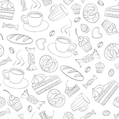 Seamless pattern with hand drawn hot drinks and desserts. Bakery and pastry background. Vector illustration.