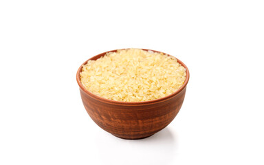Polished steamed rice in bowls and bags isolated on a white background. High quality photo