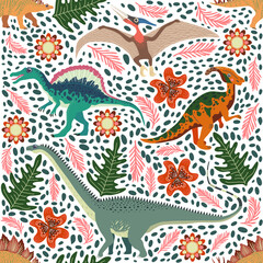 Obraz premium Hand drawn seamless pattern with dinosaurs and tropical leaves and flowers. Cute dino design.